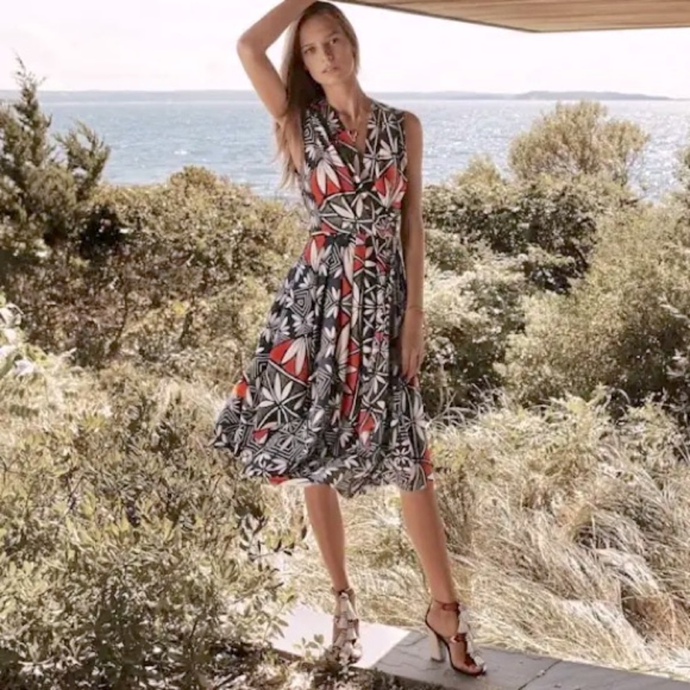 Tory Burch Acoma Pottery Pattern 100% Silk Navy Multi Color Wrap Midi Dress 4